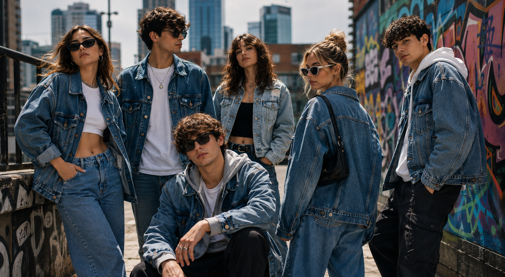 Denim ceket giyen genç grubu sokak modası
