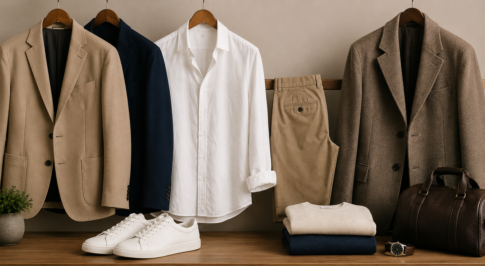 Bej blazer, lacivert blazer, beyaz gömlek, chino pantolon, yün palto, beyaz sneaker, kaşmir süveterler, saat ve deri çantadan oluşan erkek gardırop temelleri