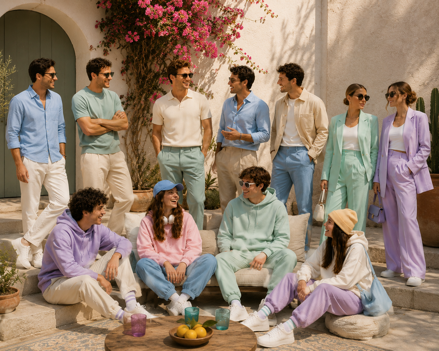 Pastel tonlarda kombinler giyen grup